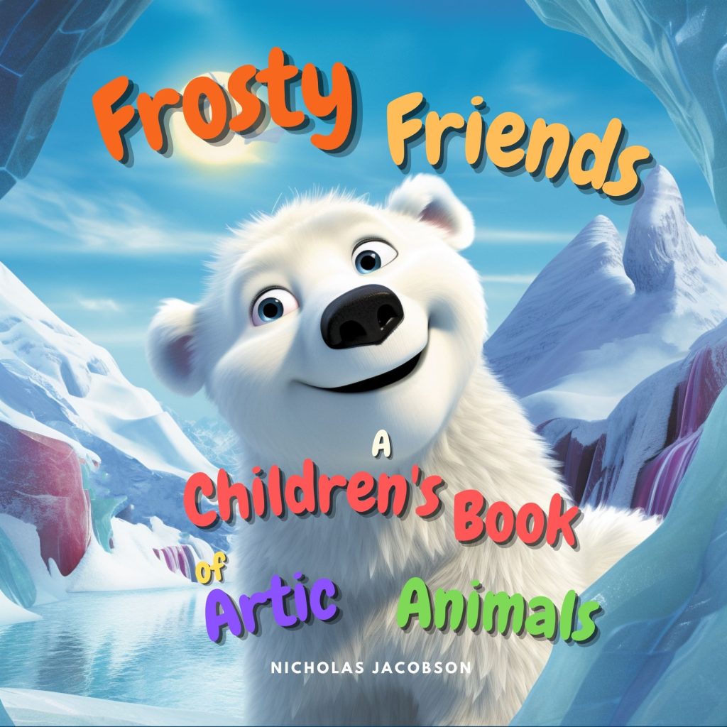 The front cover of the book "Frosty Friends: A Children's Book of Arctic Animals" features a colorful illustration of various Arctic animals including a polar bear, arctic fox, walrus, snowy owl, caribou, arctic hare, narwhal, puffin, seal, and lemming. The animals are depicted in a playful manner with icy mountains and snowflakes in the background. The title of the book is prominently displayed at the top of the cover.