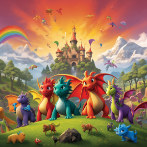 The image on the front cover of the book "Unlikely Heroes: A Children's Book About Knights and Dragons' Friendship" shows a young knight in sparkling blue armor and a red dragon with fiery breath, dancing and twirling together. In the background, there are other dragons and knights of various colors, indicating a theme of friendship and inclusivity.