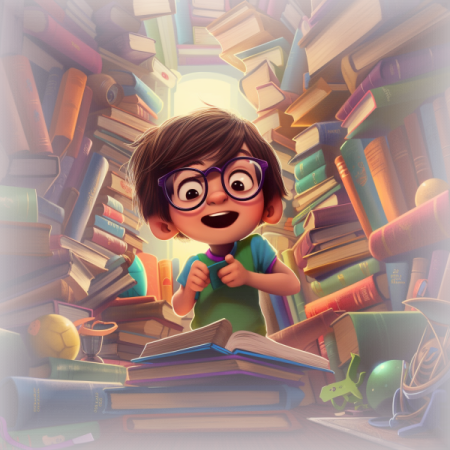 Curious Kids Books. Child in a large library of books and looks excited.
